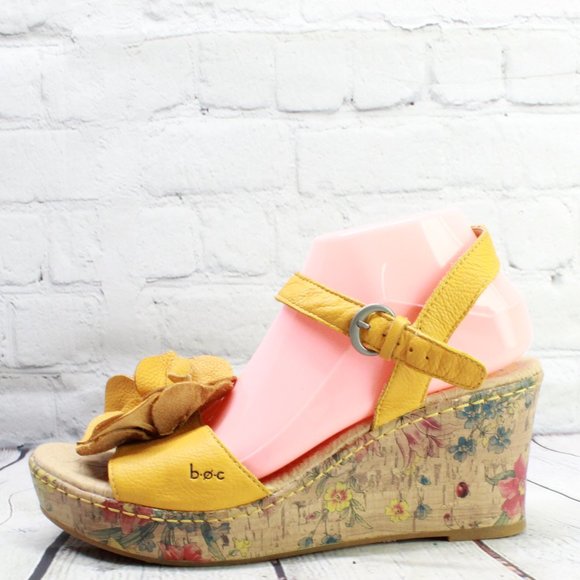 boc Shoes - Boc Born Concept Yellow Flower Patch Ankle Strap Floral Cork Wedge Sandals US 10